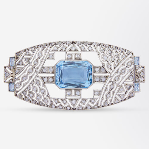 Art Deco Platinum Diamond & Aquamarine Brooch