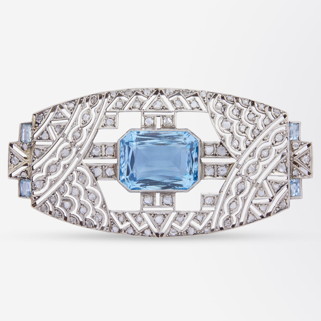 Art Deco Platinum Diamond & Aquamarine Brooch