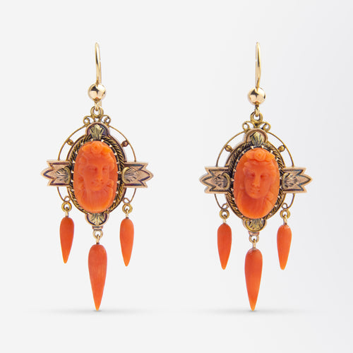 Pair of Fabulous Antique Coral Cameo Drop Earrings