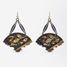 Load image into Gallery viewer, Pair of Japanese Bronze Shakudo Fan Earrings with Sea Life Motif
