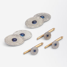 Load image into Gallery viewer, Art Deco, 14kt Yellow Gold, Platinum &amp; Sapphire Cufflink &amp; Dress Stud Set
