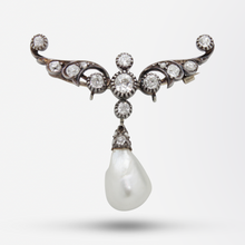 Load image into Gallery viewer, Victorian Era, Silver Topped 15kt Gold, Natural Pearl, and Diamond Brooch Necklace

