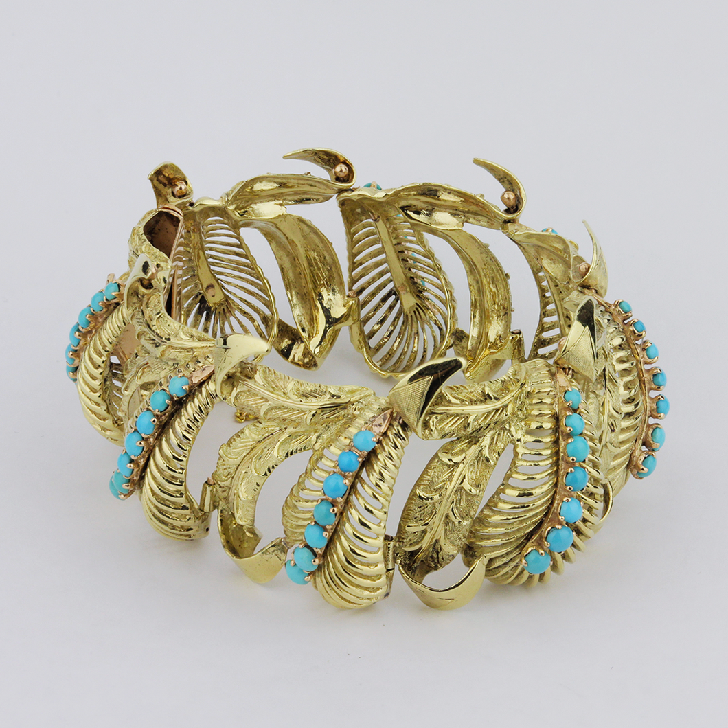 Retro Period 14kt Gold and Turquoise Bracelet