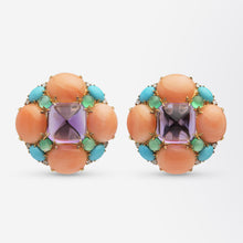 Load image into Gallery viewer, Bold Sugarloaf Amethyst, Coral, Diamond, Turquoise & Green Agate Ear Clips