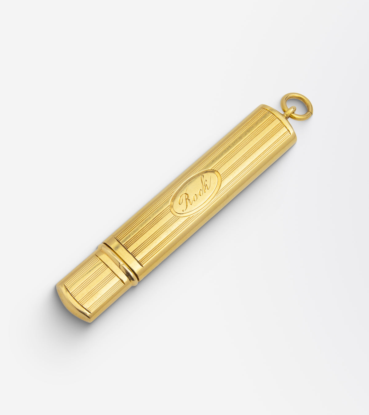 14kt Gold Needle Case Pendant Engraved 'Rock'