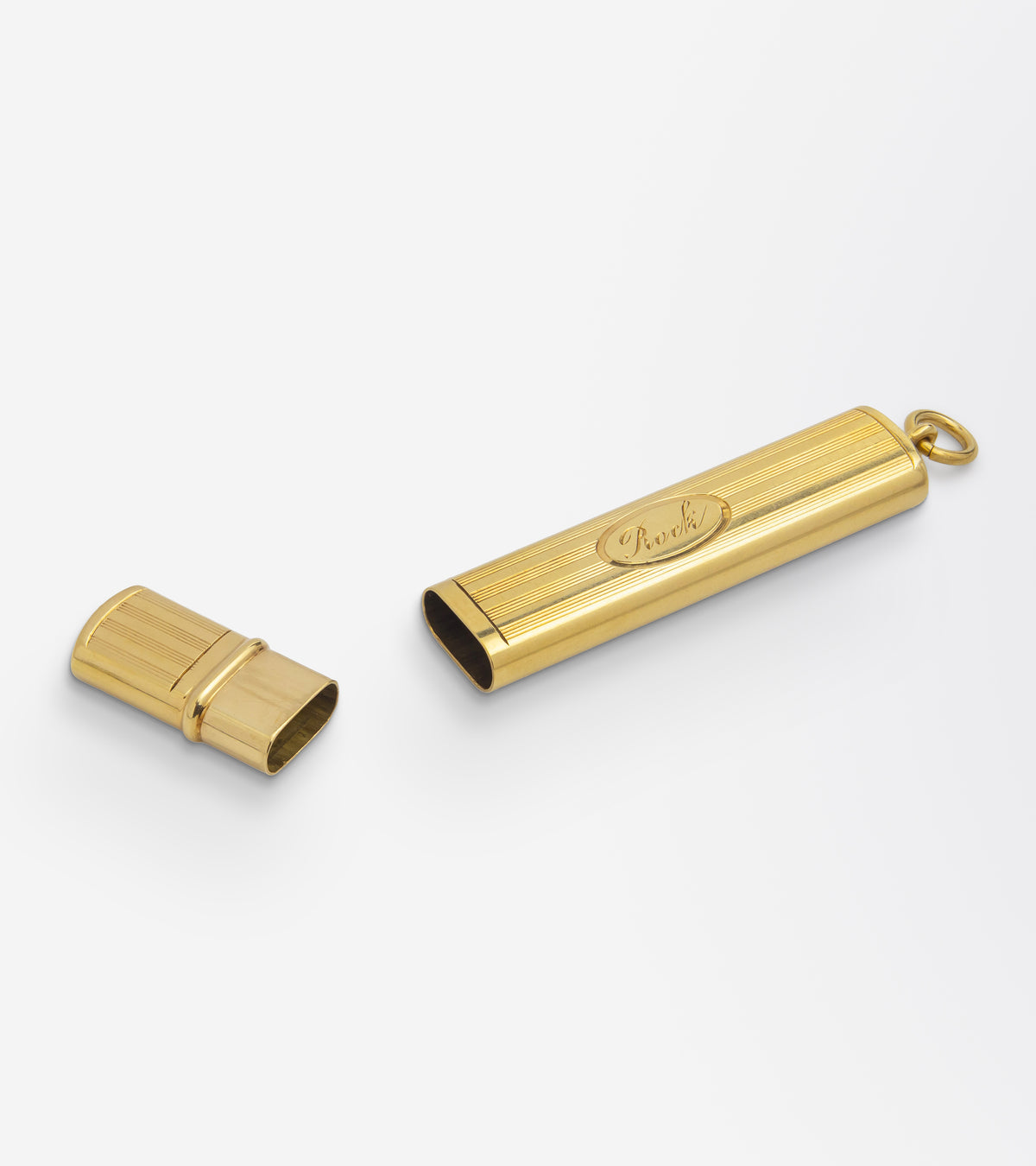 14kt Gold Needle Case Pendant Engraved 'Rock'