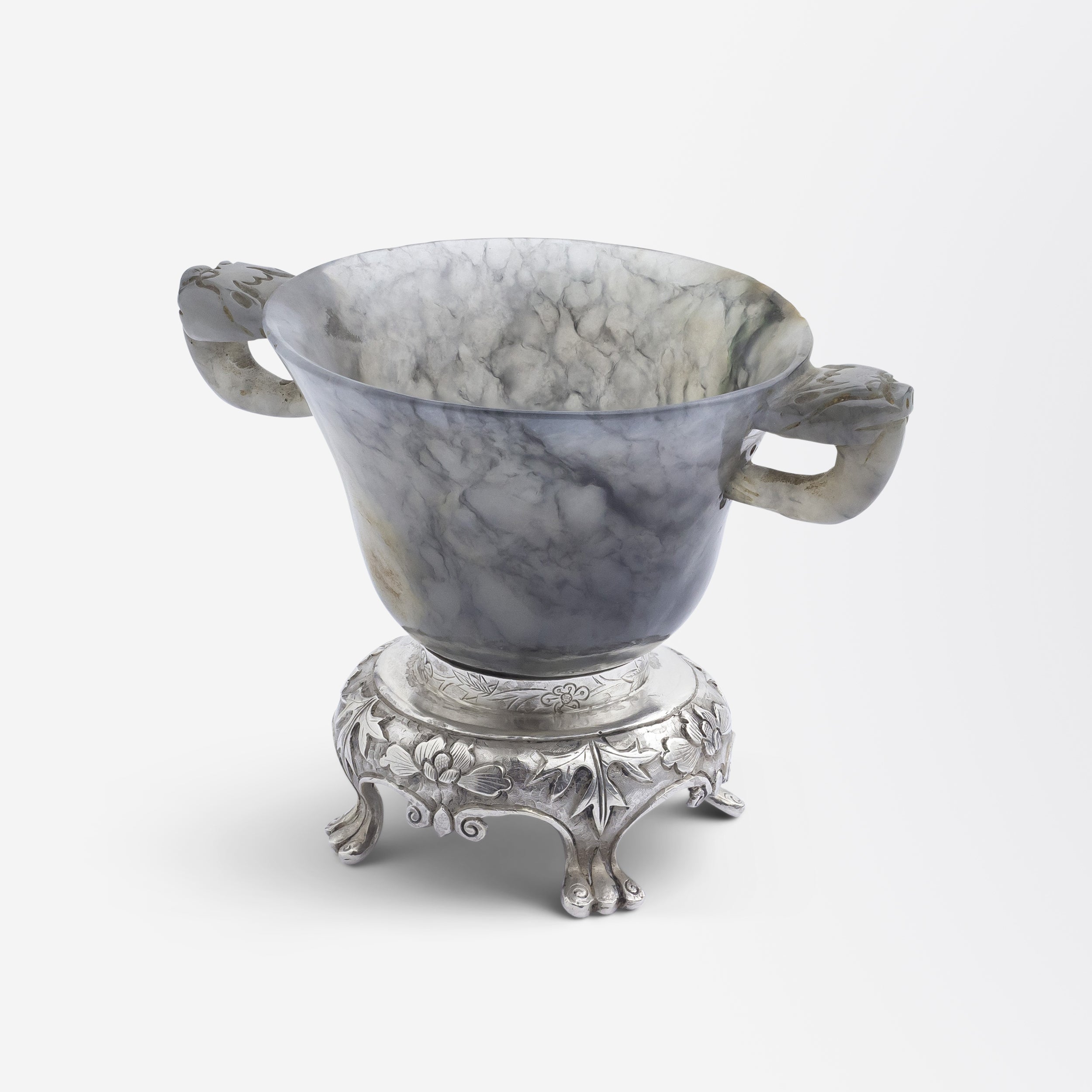 Chinese Export Moss Agate Libation Cup by Yamanaka with Silver Mounts