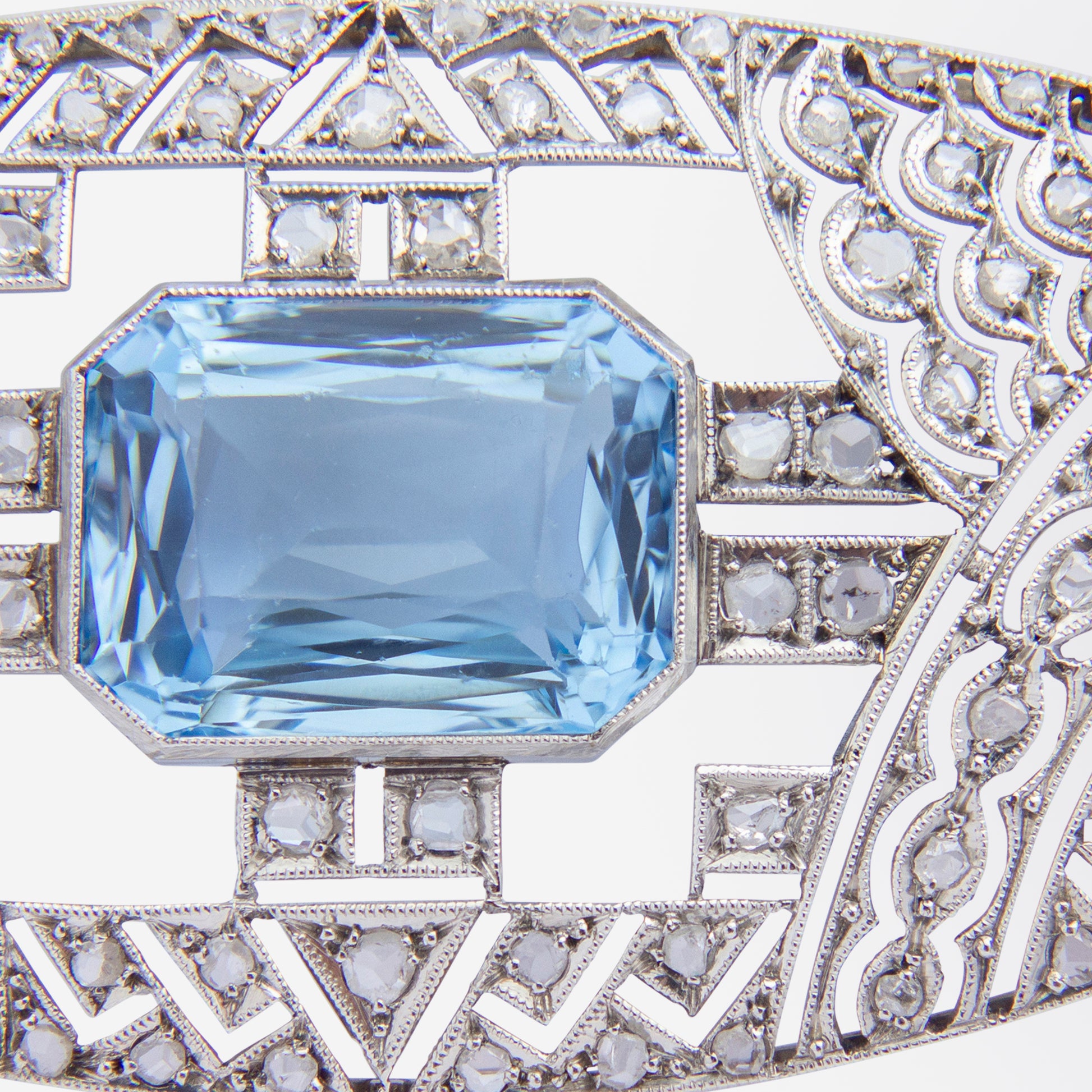 Art Deco Platinum Diamond & Aquamarine Brooch