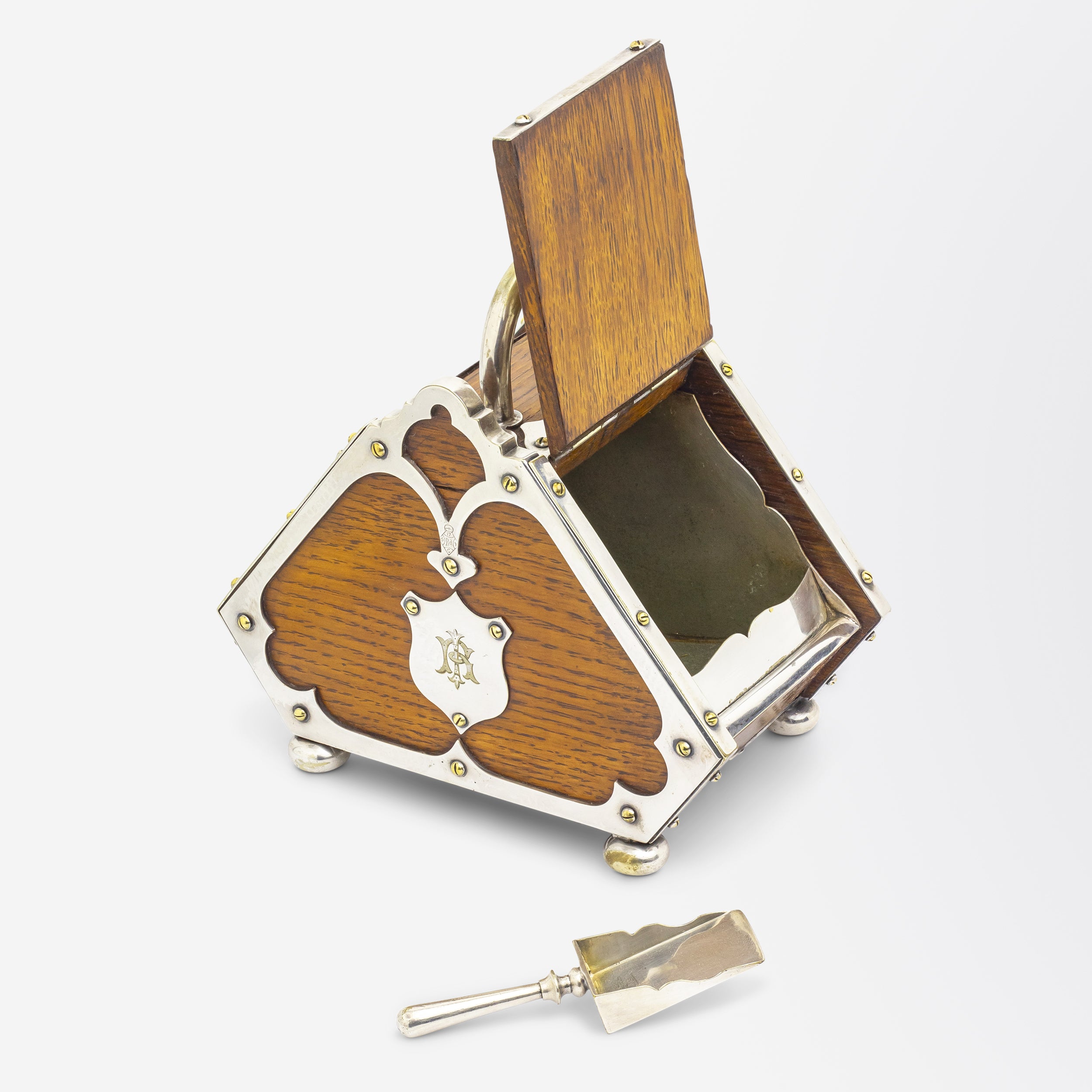 Arts and Crafts Silverplate and Oak Sugar Scuttle