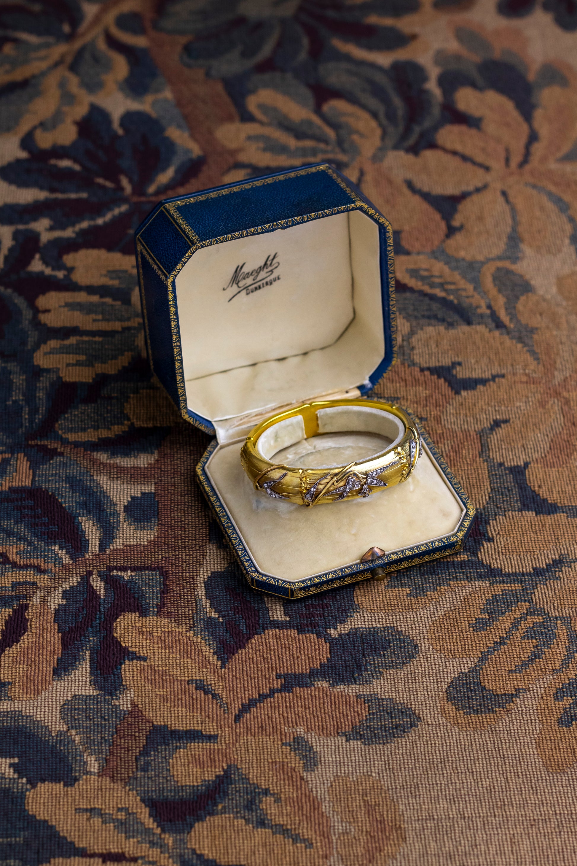 Antique, French, Diamond Set Bamboo Bangle in Original Box