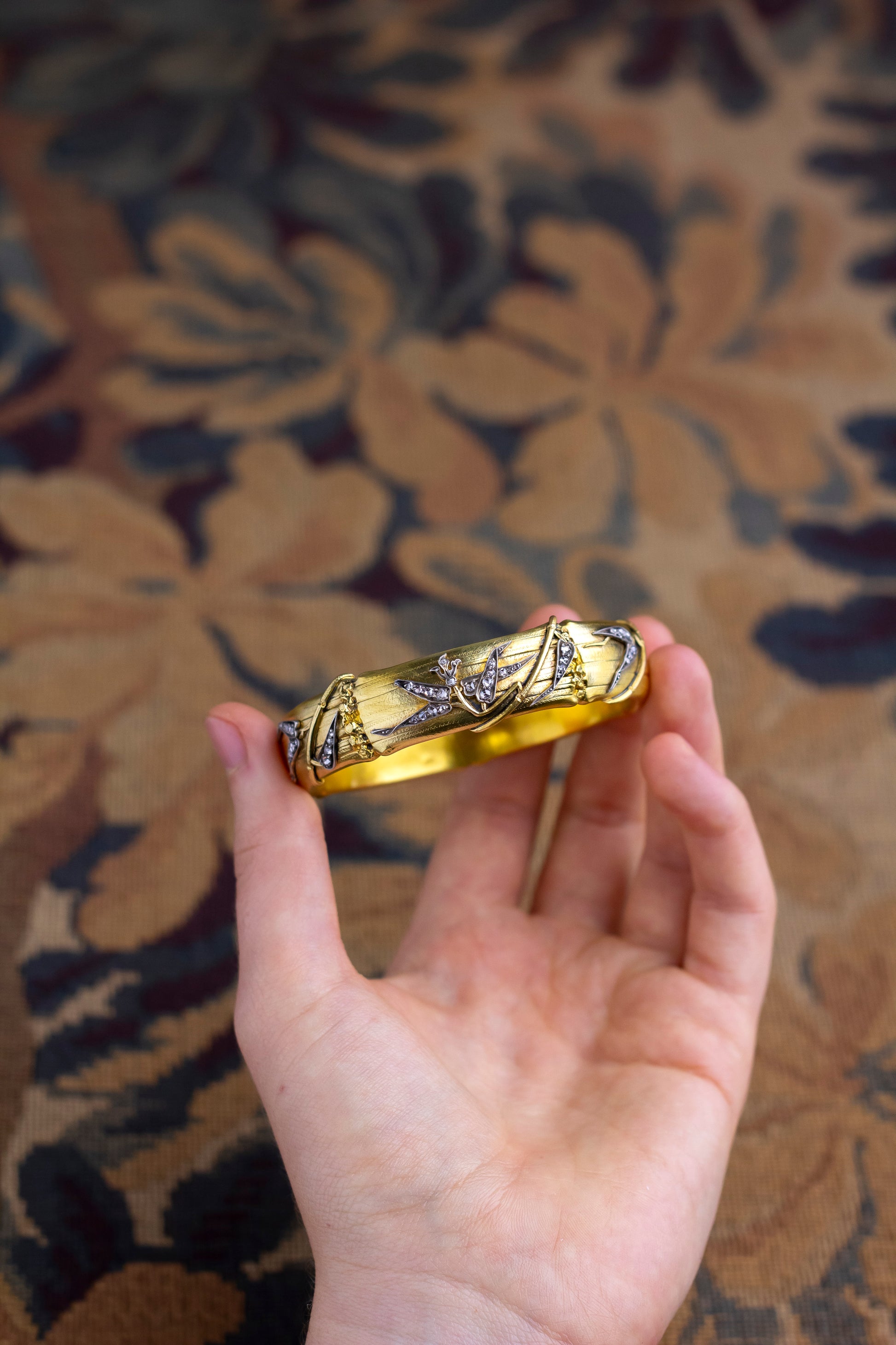 Antique, French, Diamond Set Bamboo Bangle in Original Box