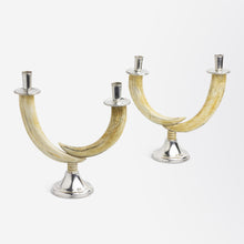 Load image into Gallery viewer, Pair of Silver Mounted Warthog Tusk Candlesticks
