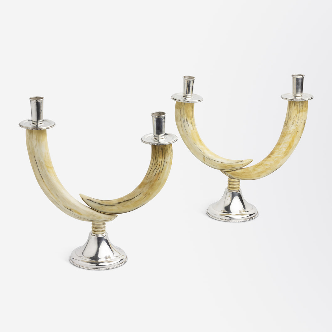 Pair of Silver Mounted Warthog Tusk Candlesticks