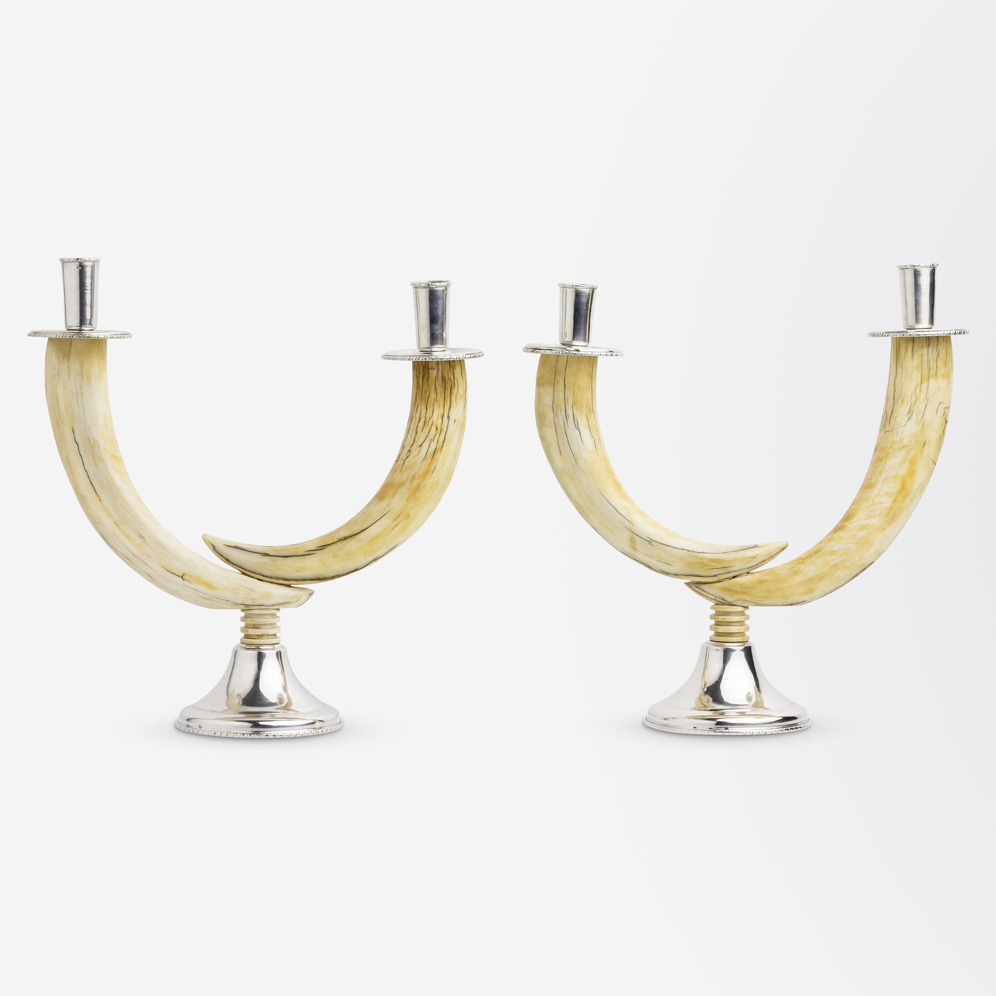 Pair of Silver Mounted Warthog Tusk Candlesticks