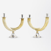 Load image into Gallery viewer, Pair of Silver Mounted Warthog Tusk Candlesticks
