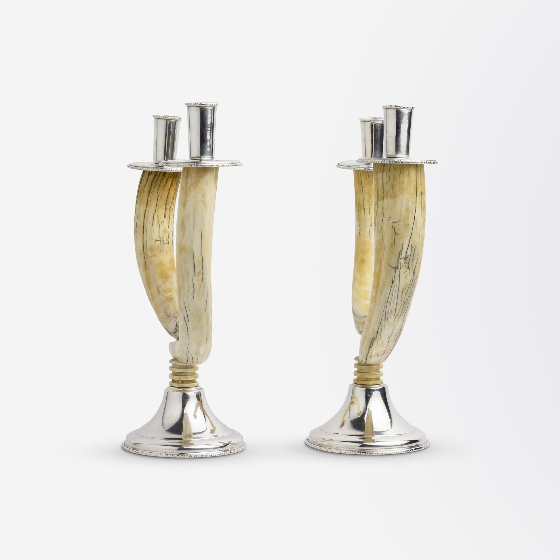 Pair of Silver Mounted Warthog Tusk Candlesticks