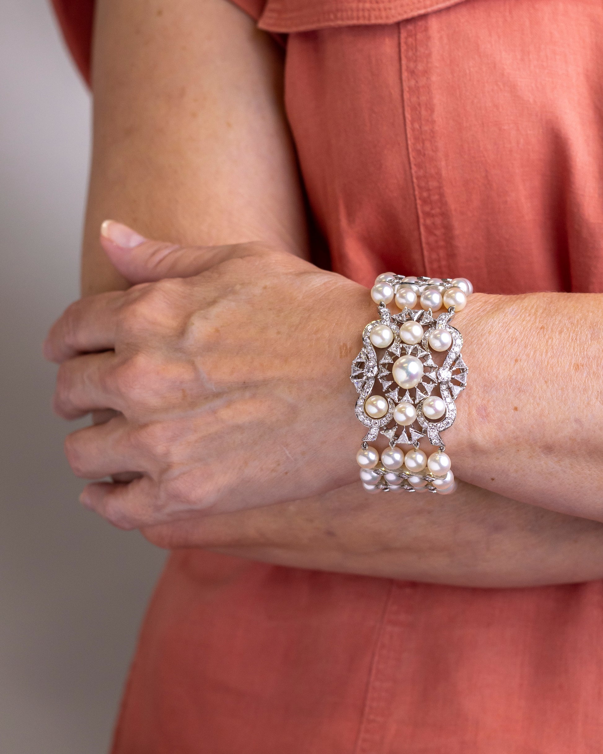 Impressive Diamond & Pearl Bracelet Set in Platinum Retailed by David R. Balogh
