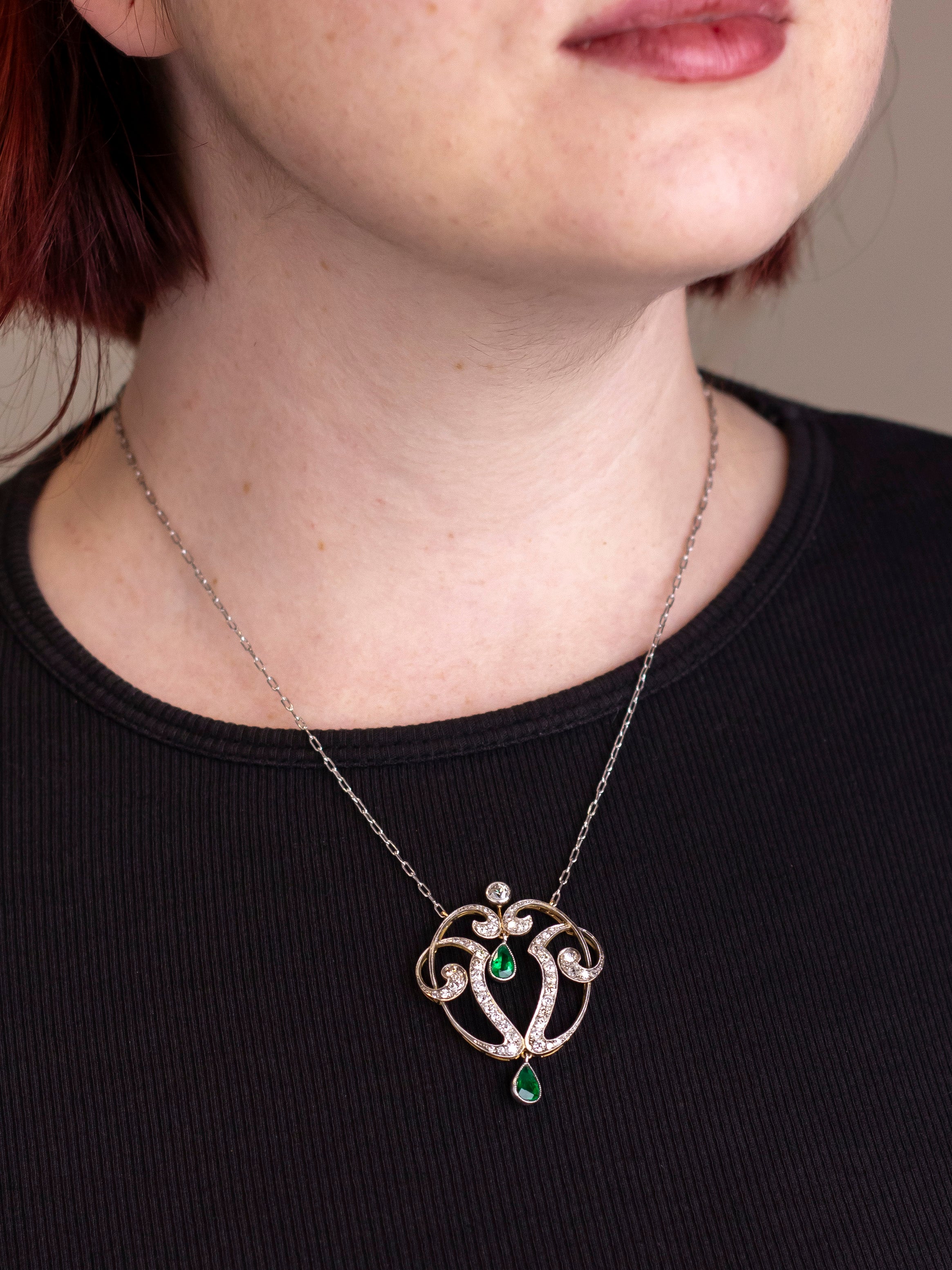 Art Nouveau Emerald and Diamond Necklace