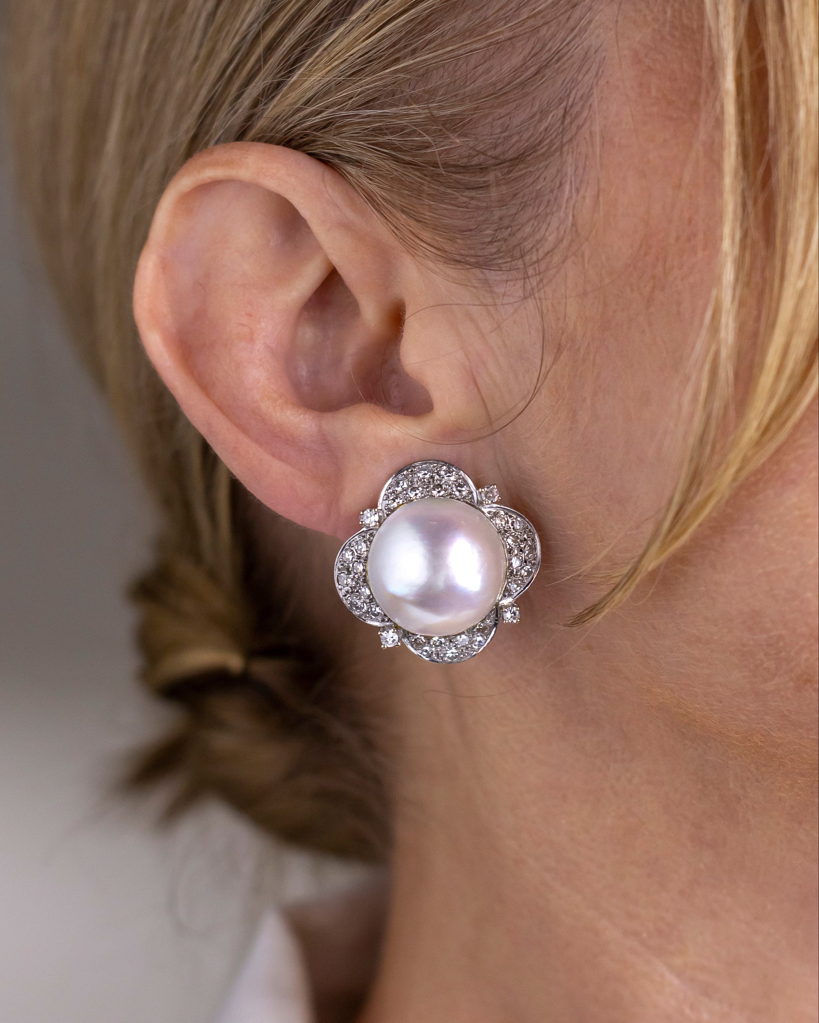 Mid Century Diamond & Mabe Pearl Ear Clips