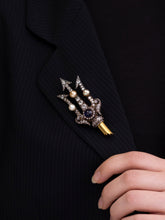 Load image into Gallery viewer, Antique Pearl, Diamond &amp; Sapphire Trident Brooch Pin
