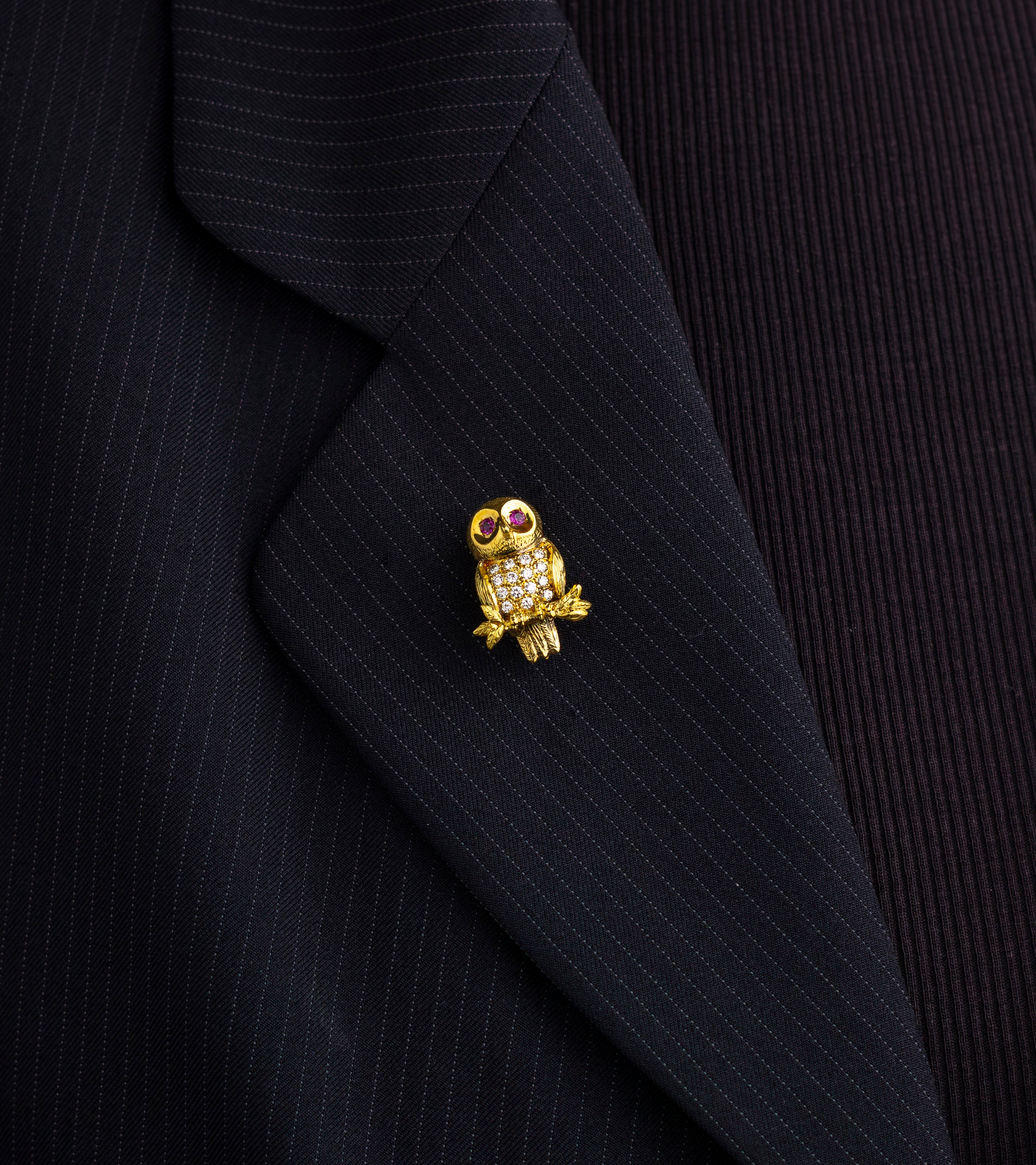Ruby & Diamond Owl Brooch Pin in 14kt Gold