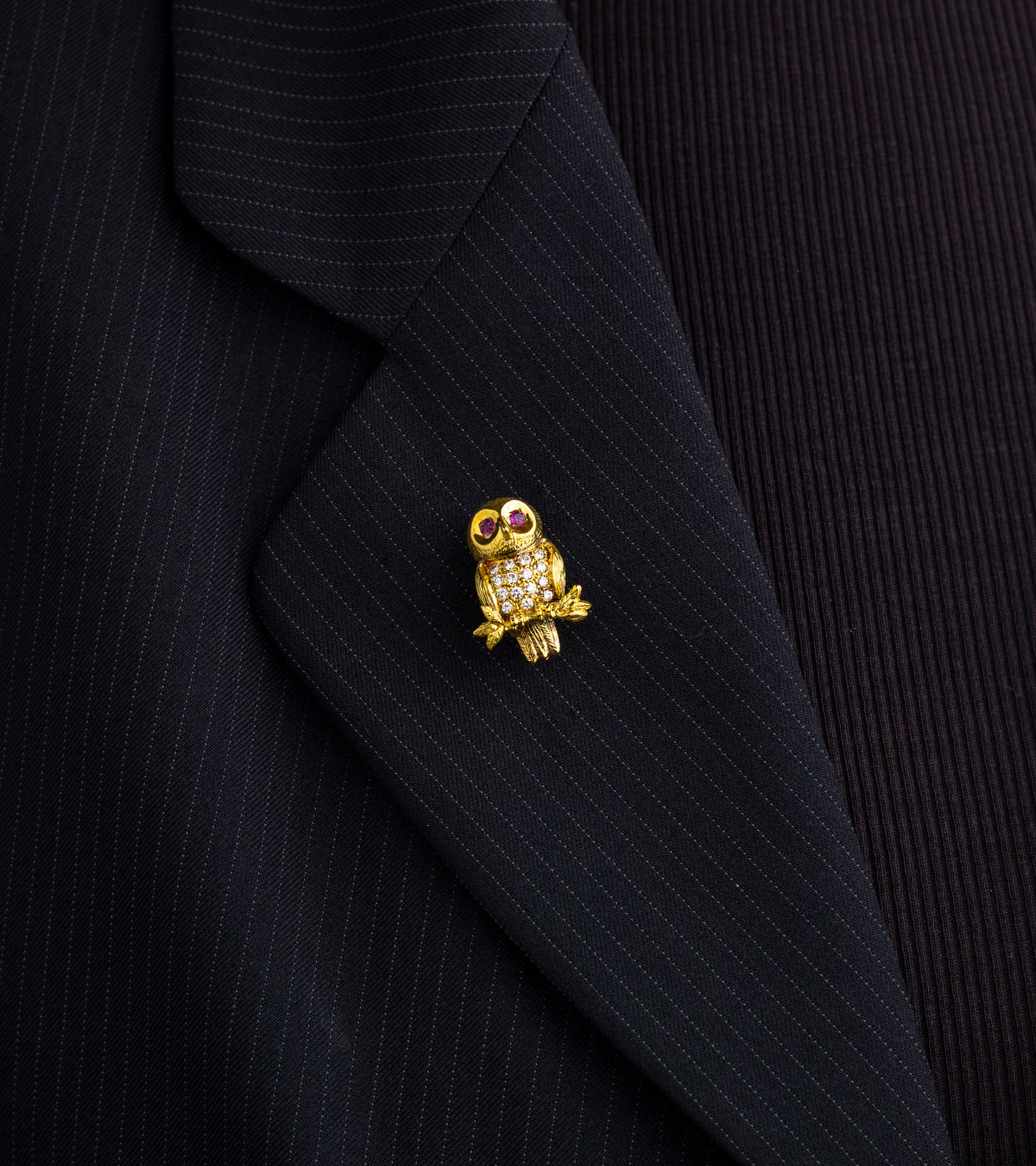 Ruby & Diamond Owl Brooch Pin in 14kt Gold