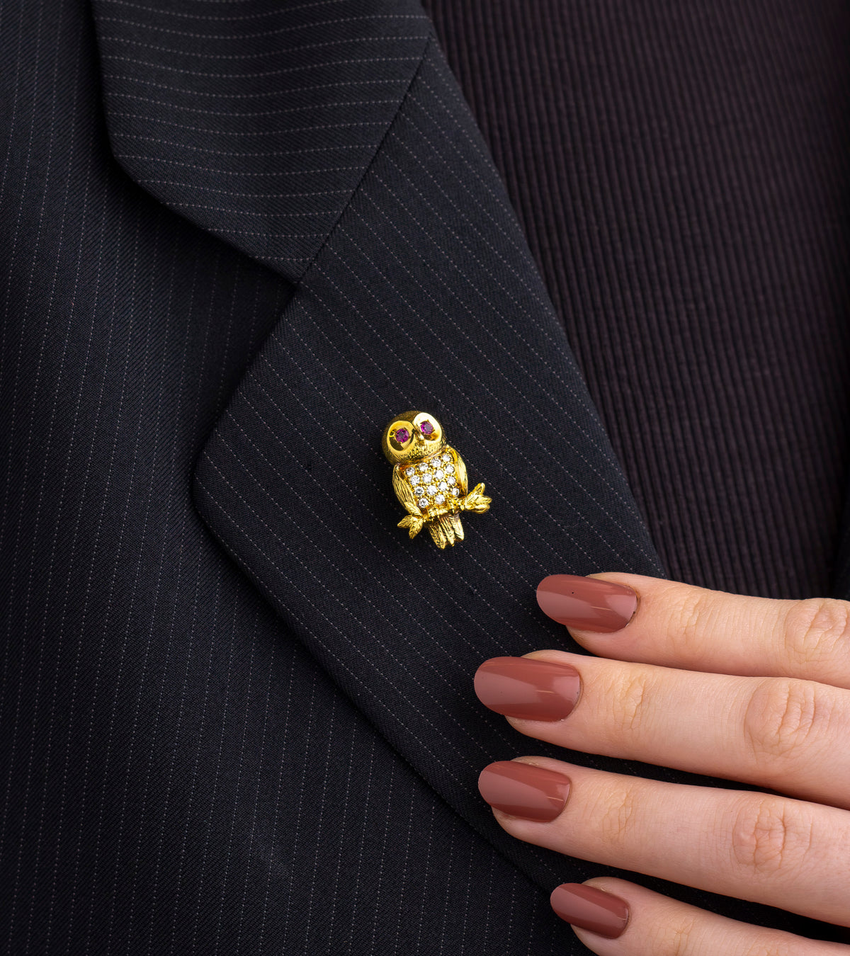 Ruby & Diamond Owl Brooch Pin in 14kt Gold