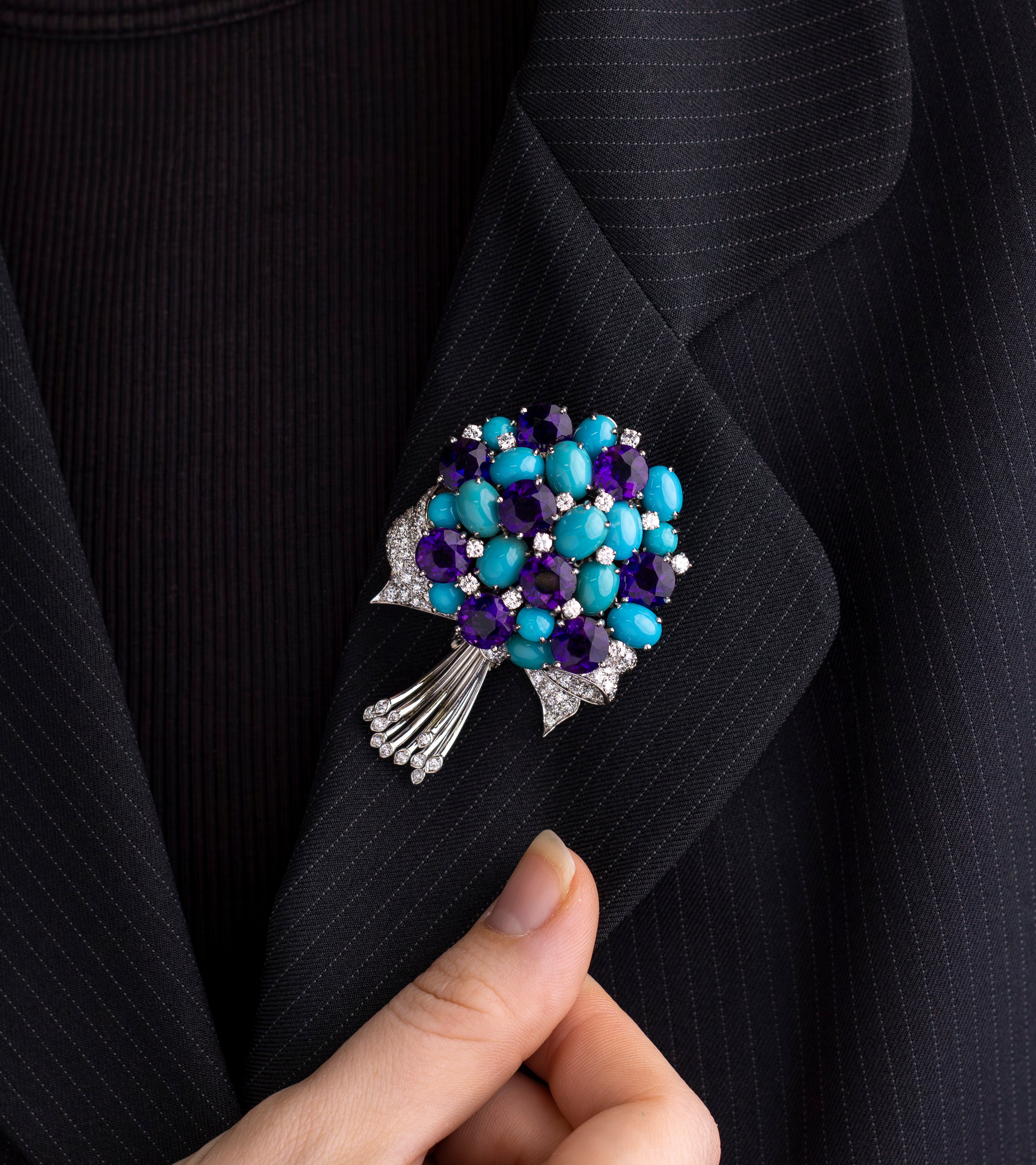 Amethyst, Turquoise, and Diamond Bouquet Brooch by Verdura