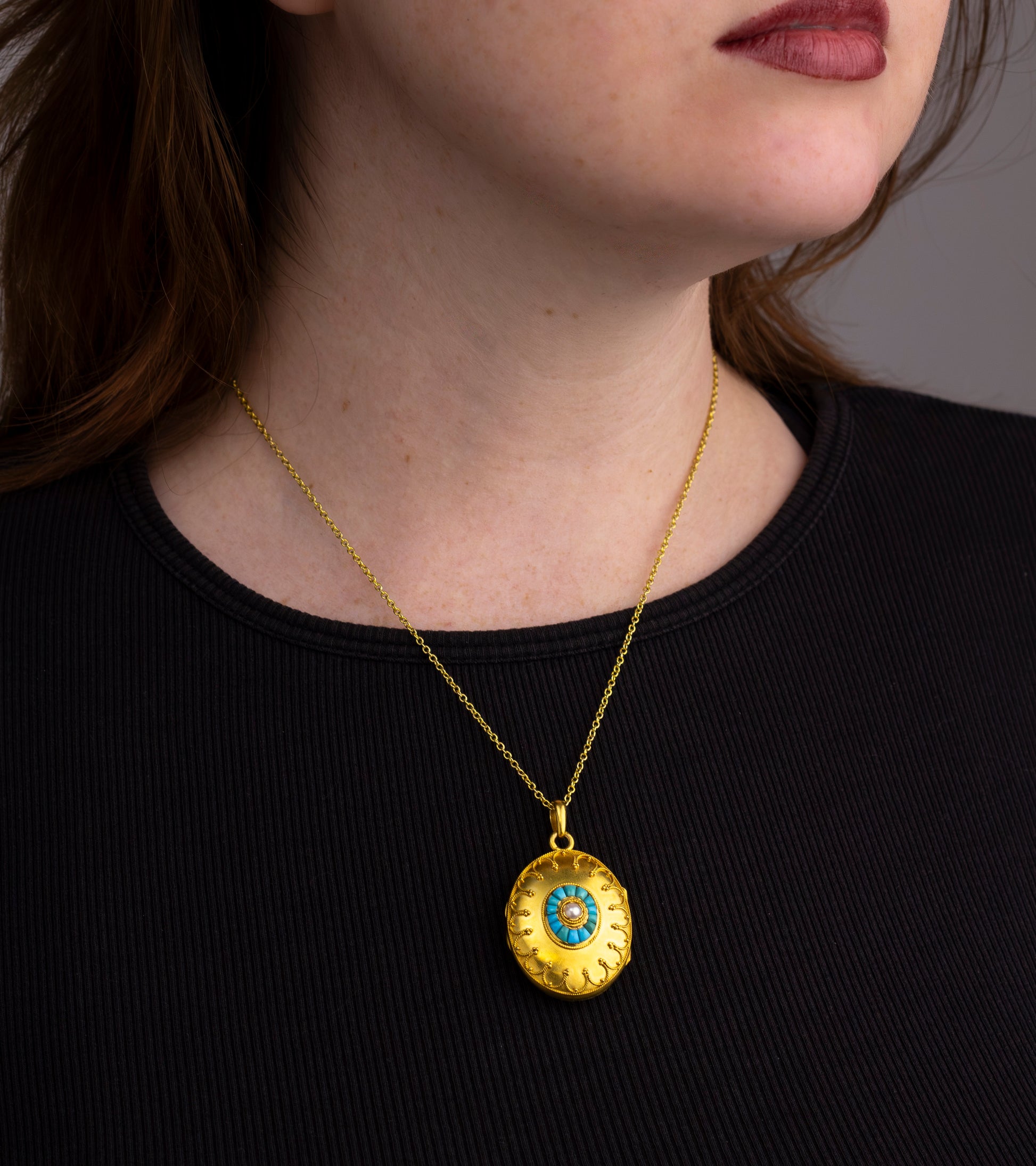 French Gold, Turquoise & Pearl 'Etruscan Revival' Locket