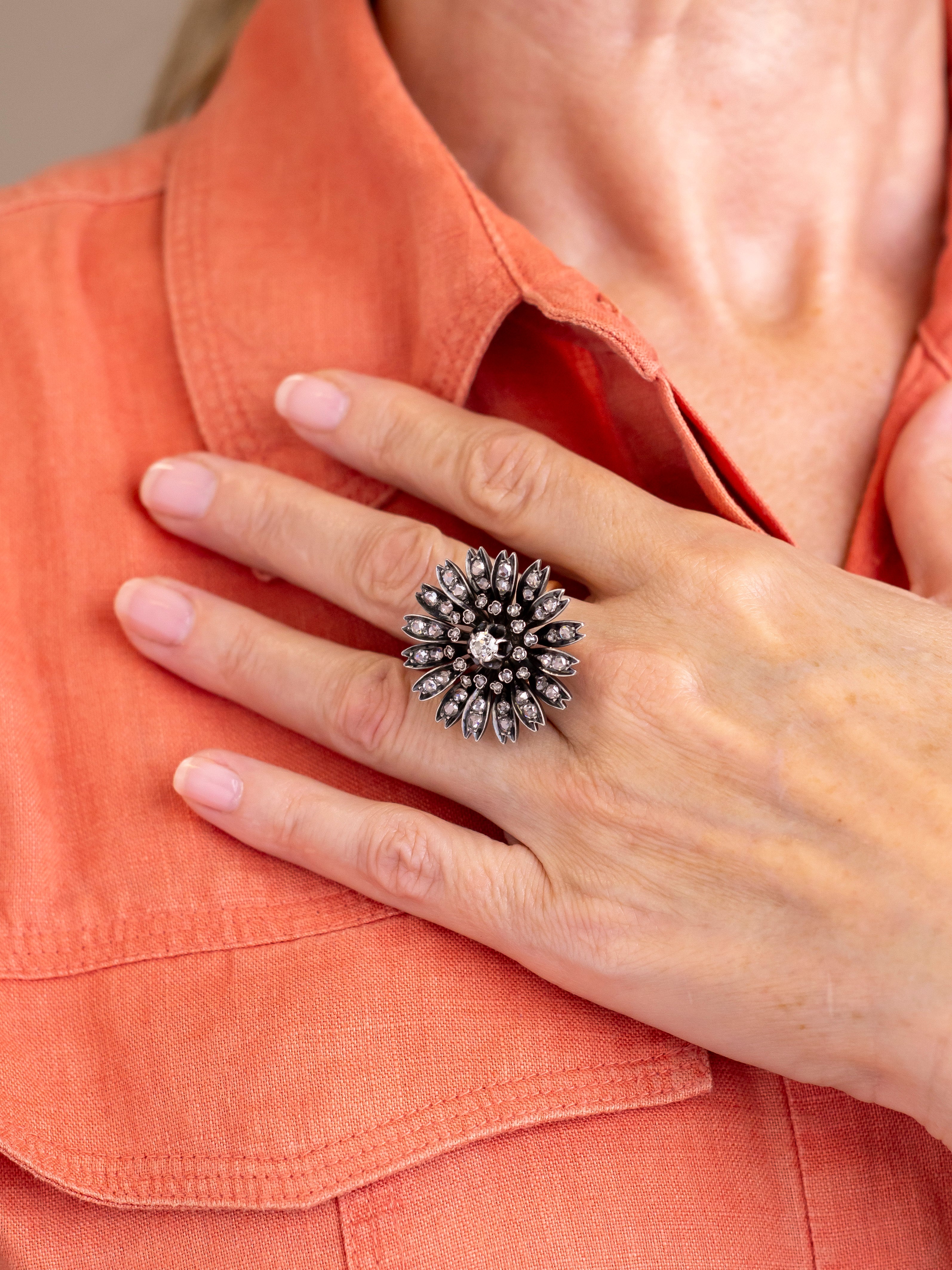 Antique Brooch Conversion Diamond Daisy Ring