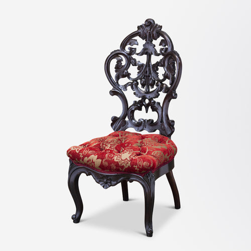 Carved Victorian Slipper Chair with Damask Upholstery