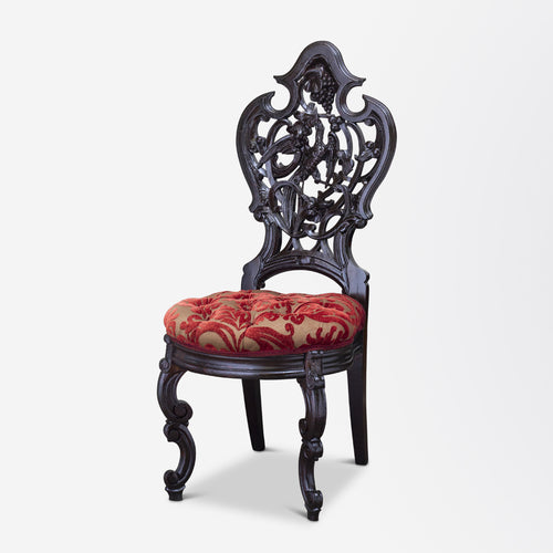 Carved Victorian Slipper Chair with Damask Upholstery