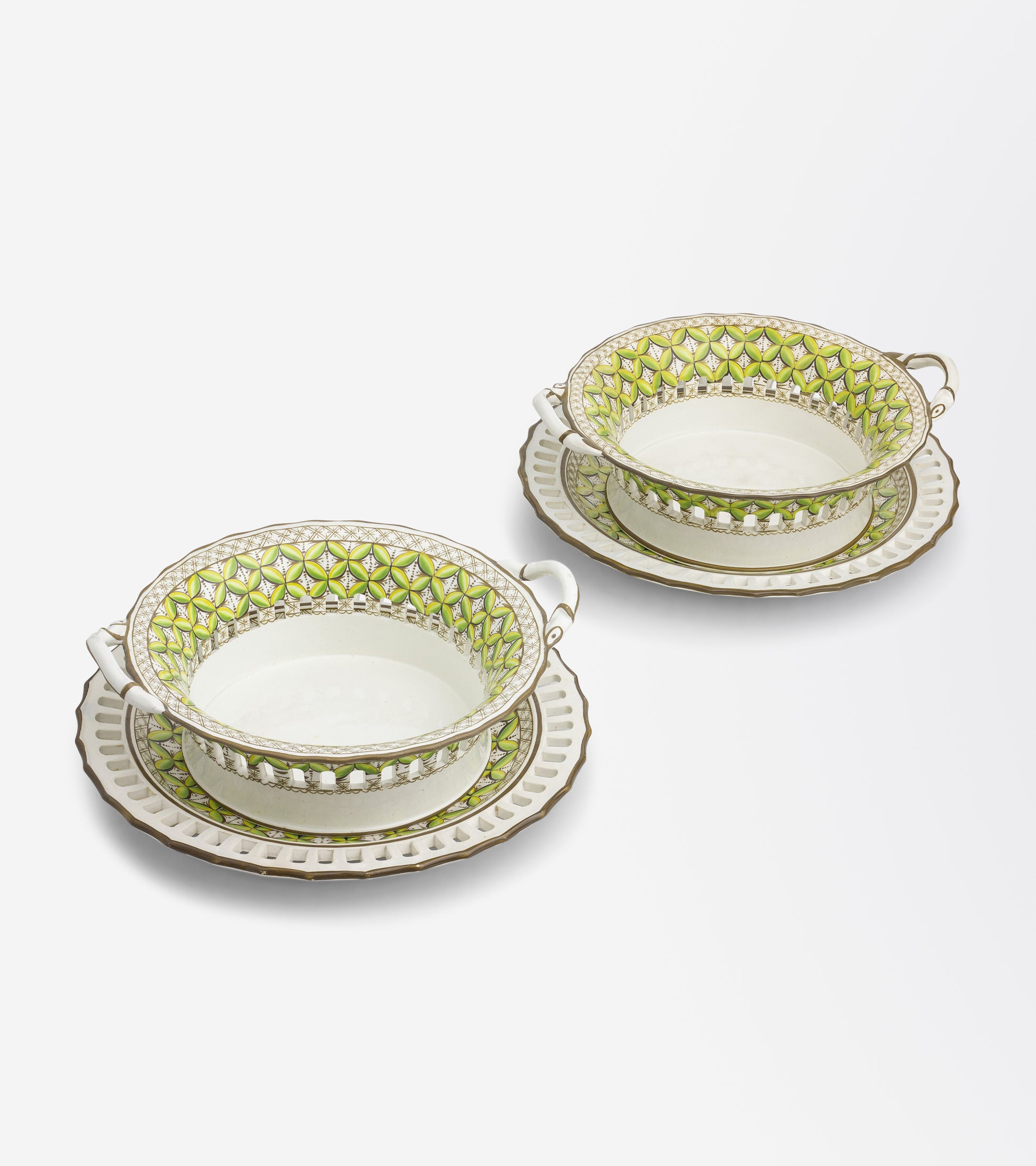 Pair of Porcelain Chestnut Baskets and Under-Plates by Spode in Pattern 3037