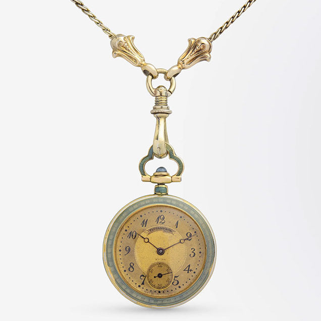 Montre pendentif en or 18 carats, émaillée, de la marque Tiffany &amp; Co, avec chaîne