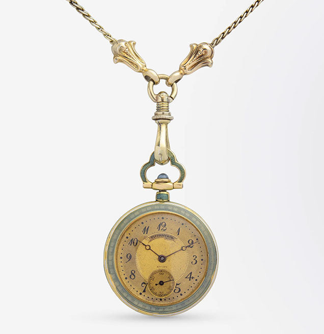 Montre pendentif en or 18 carats, émaillée, de la marque Tiffany &amp; Co, avec chaîne