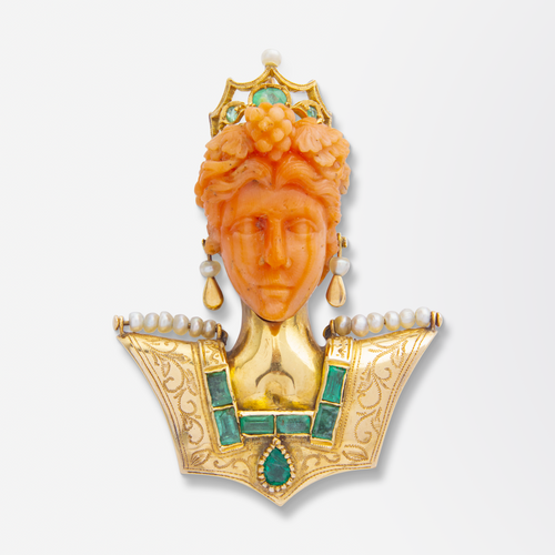 18kt Gold, Carved Coral, Emerald & Pearl 'Bust' Brooch Pendant