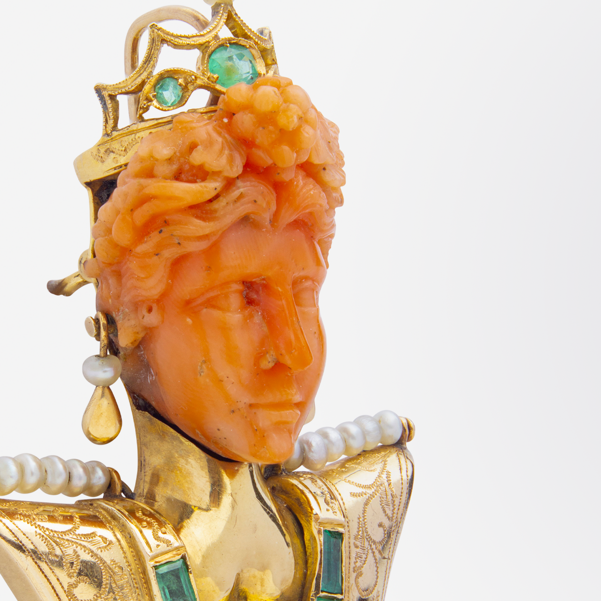18kt Gold, Carved Coral, Emerald & Pearl 'Bust' Brooch Pendant
