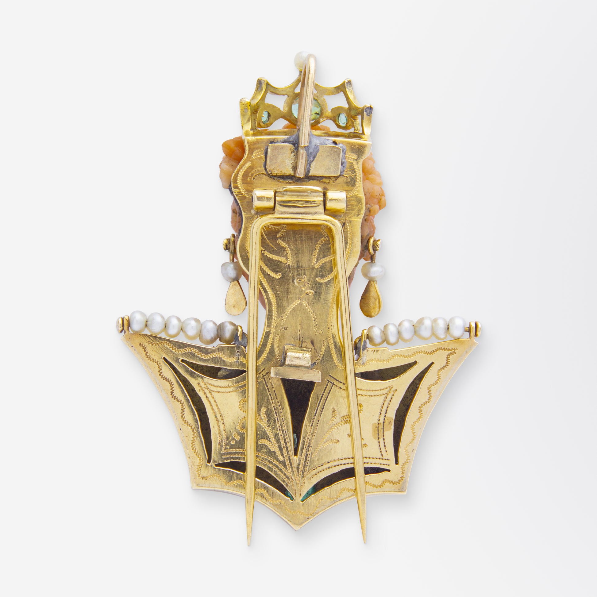 18kt Gold, Carved Coral, Emerald & Pearl 'Bust' Brooch Pendant