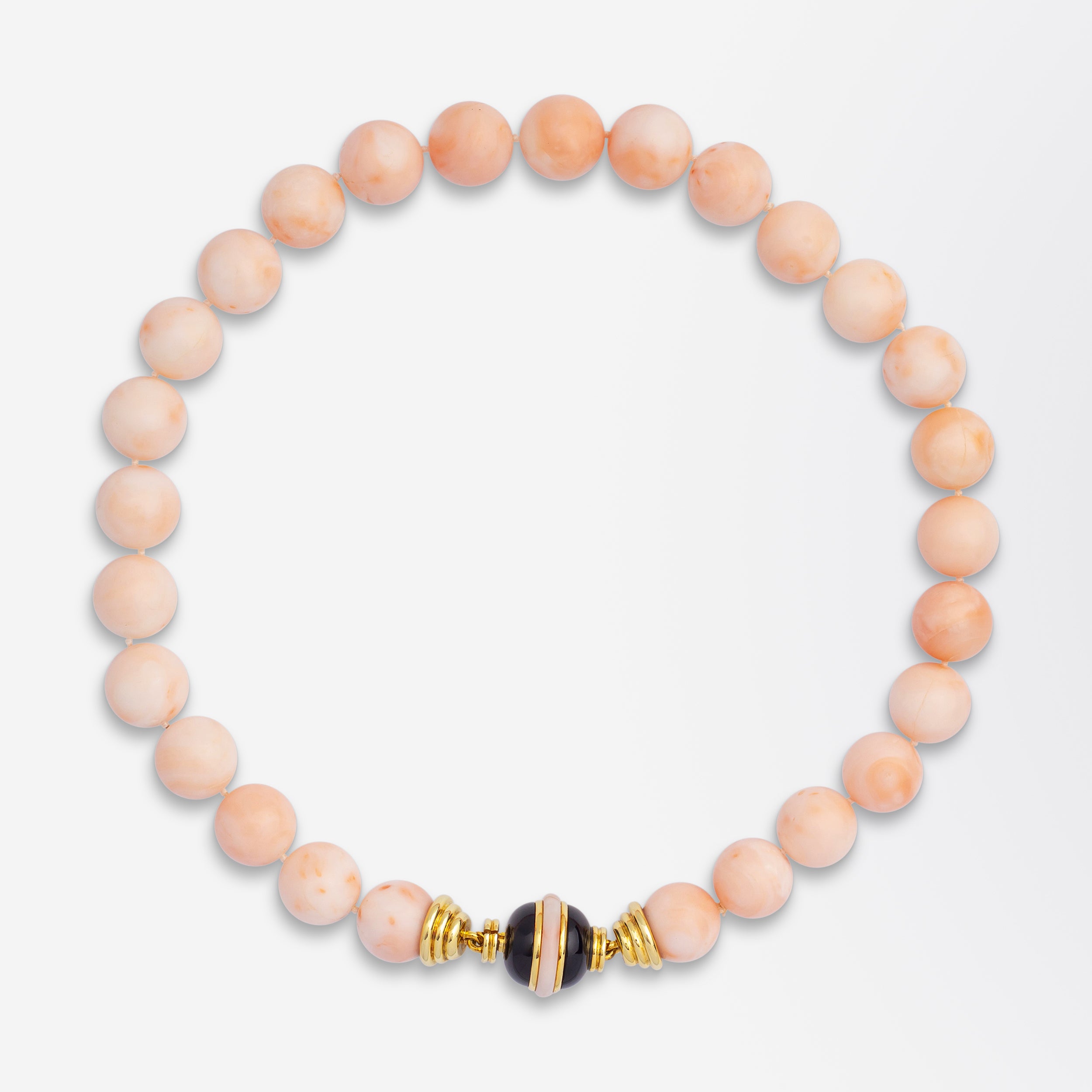 Angel-skin Coral Strand With Onyx & 18kt Gold Clasp