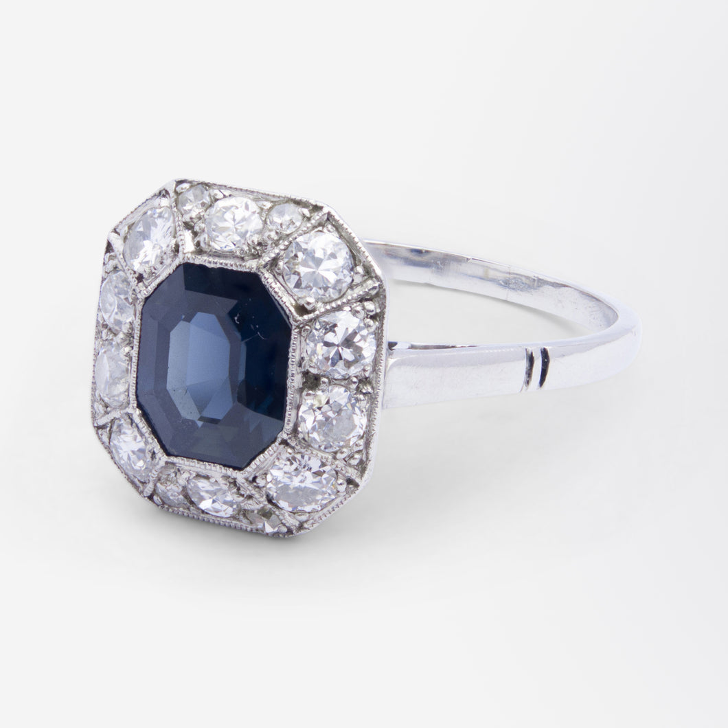 French Art Deco Diamond and Australian Sapphire Ring