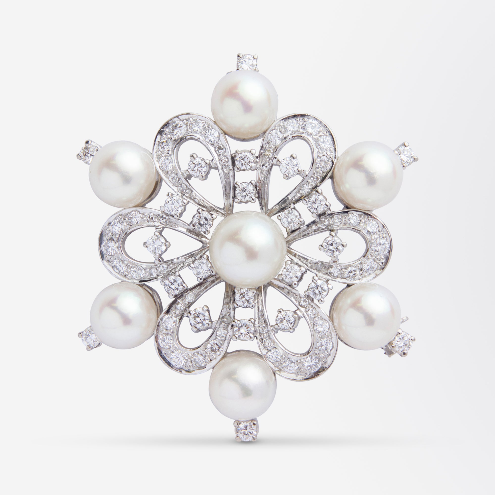 14kt Gold Diamond & Akoya Pearl Floral Brooch