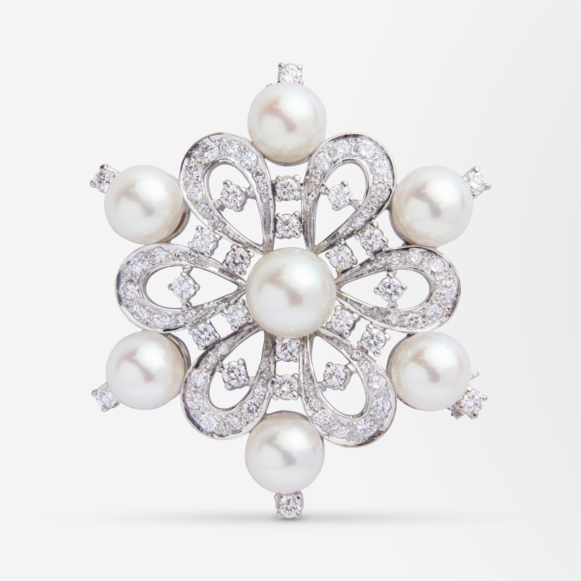 14kt Gold Diamond & Akoya Pearl Floral Brooch