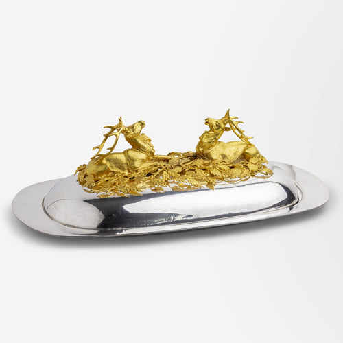 Christian Dior Silver Plated Covered Centrepiece With Gilt Stags
