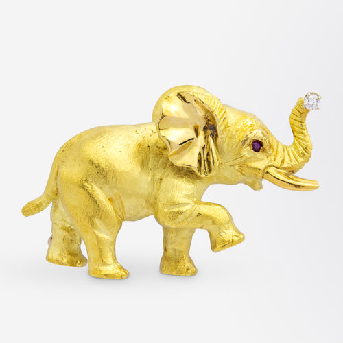 18kt Yellow Gold, Ruby & Diamond Elephant Brooch Pin