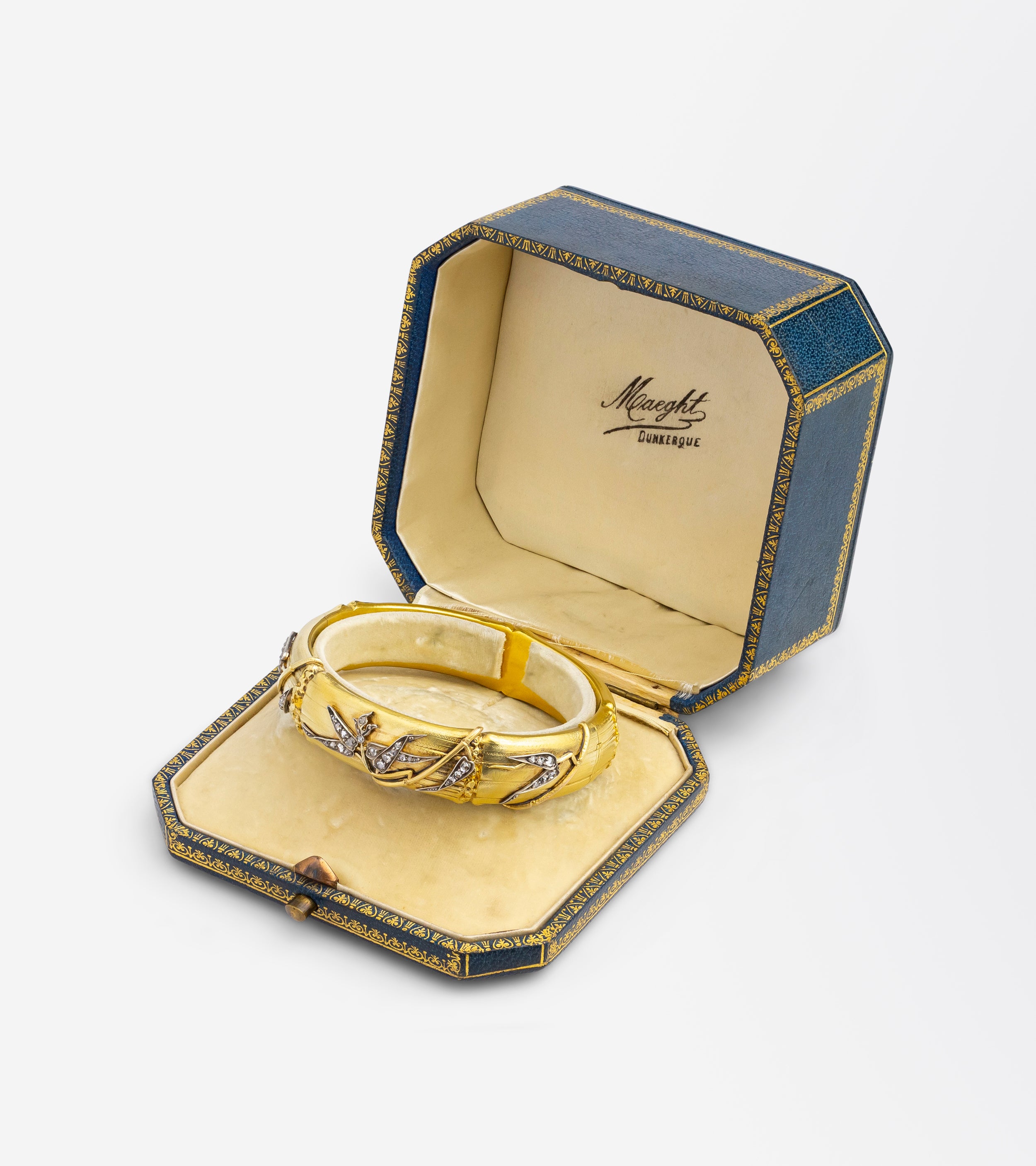 Antique, French, Diamond Set Bamboo Bangle in Original Box