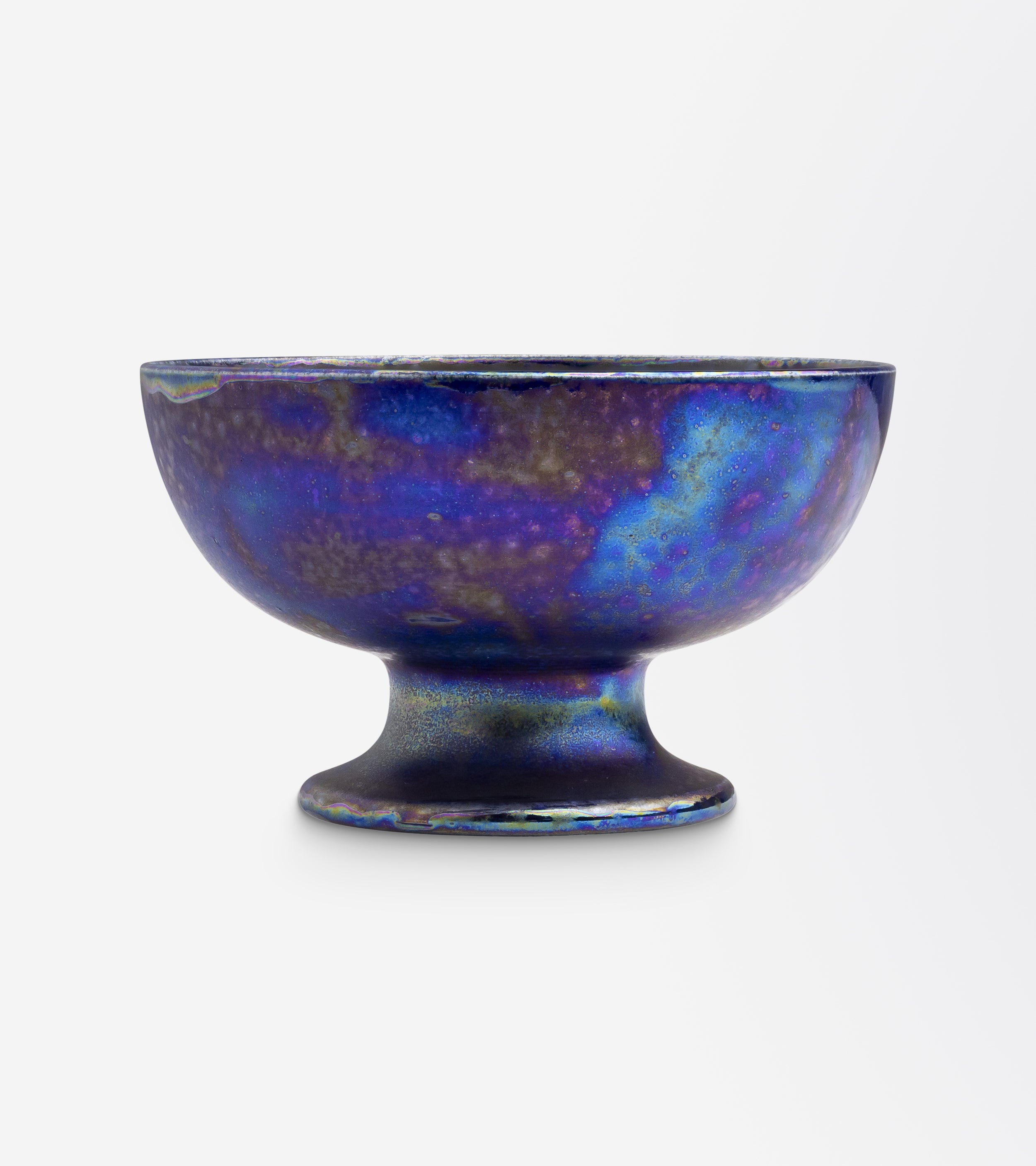 Ruskin Pottery Small Footed Bowl with Peacock Lustre Glaze