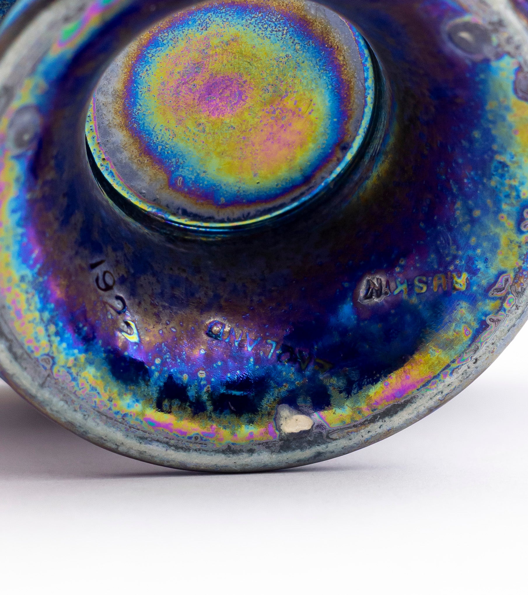 Ruskin Pottery Small Footed Bowl with Peacock Lustre Glaze
