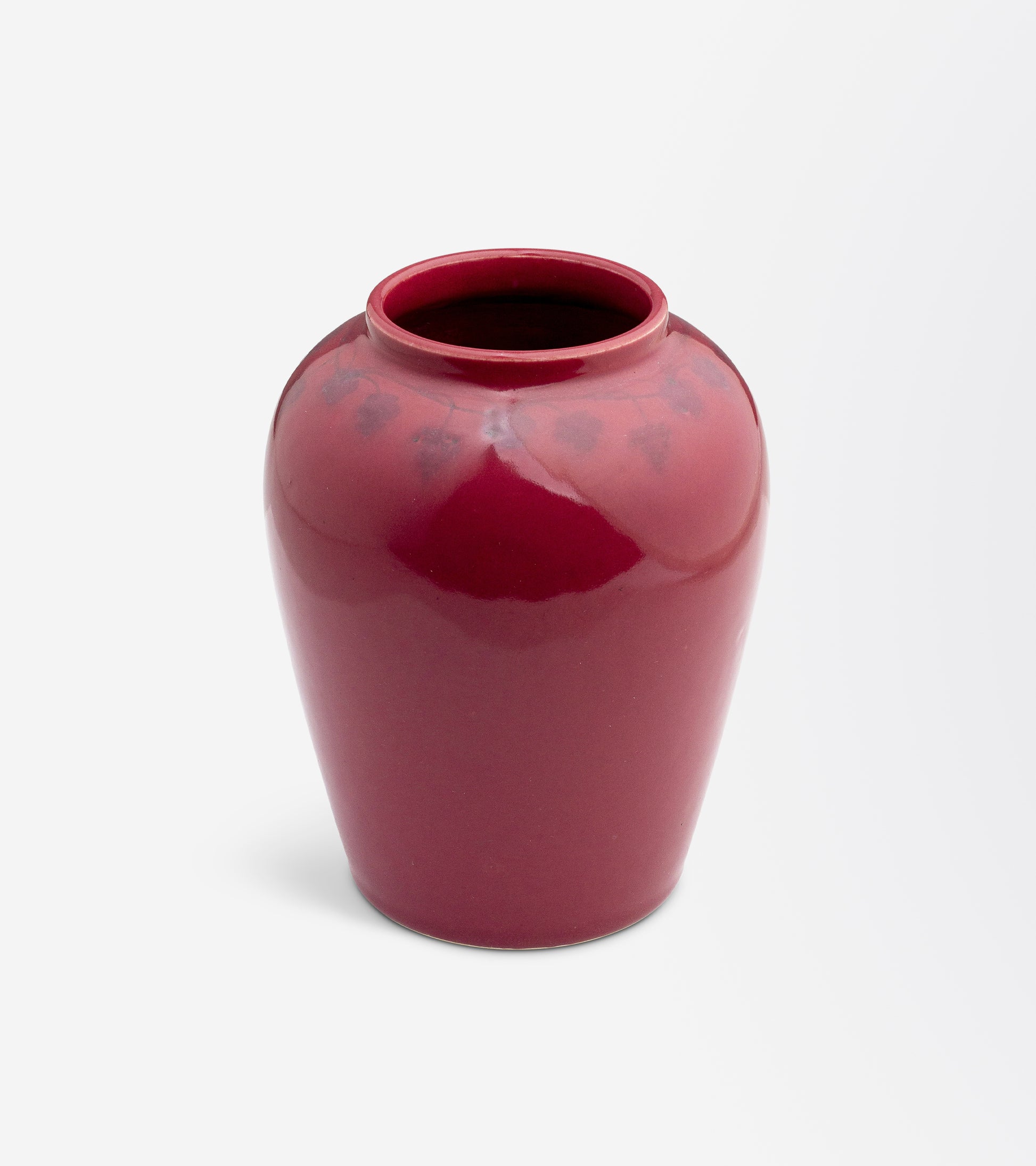 Ruskin Pottery Pink Glazed Vase with Blue Ivy Leaves