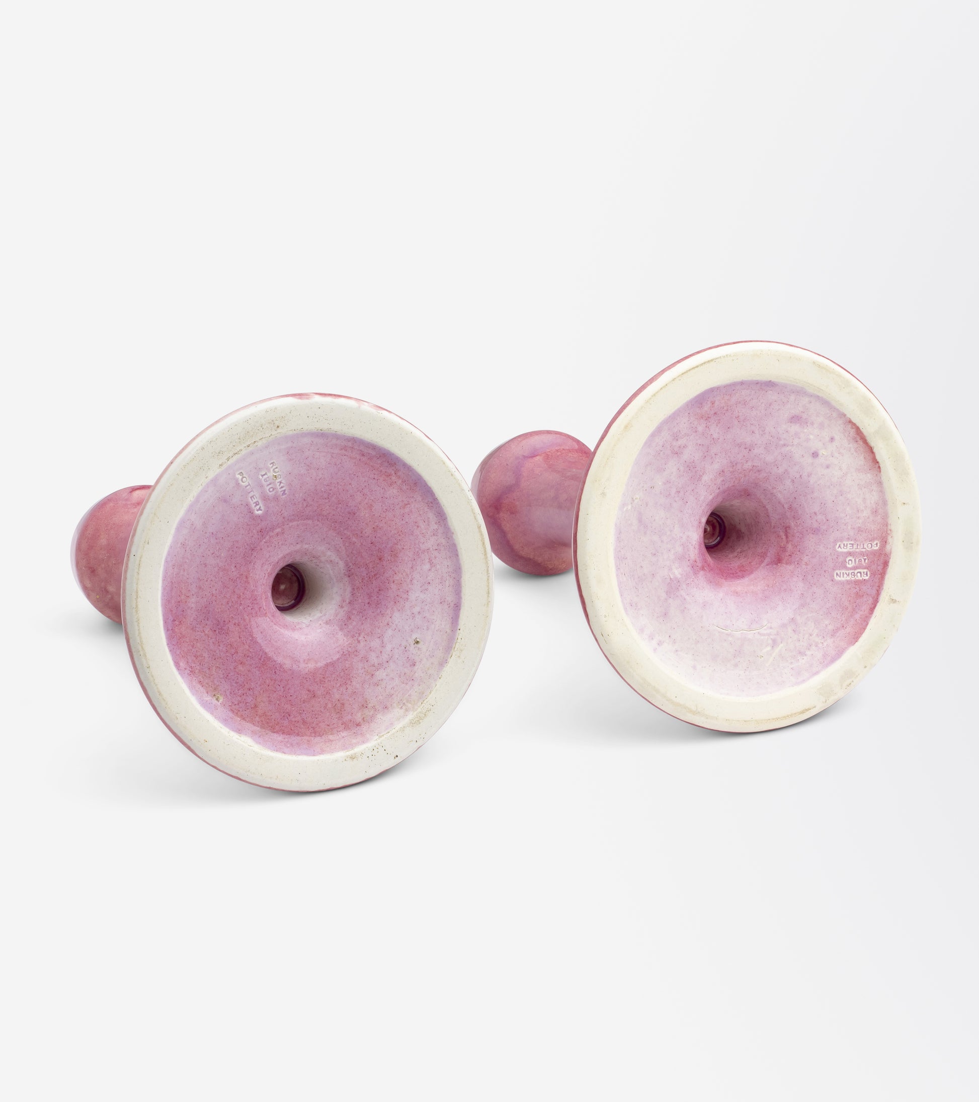 Ruskin Pottery Pair of Pink Glazed Candlesticks