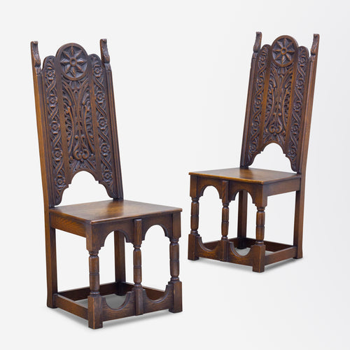 Pair of Carved Gothic Revival Hall Chairs